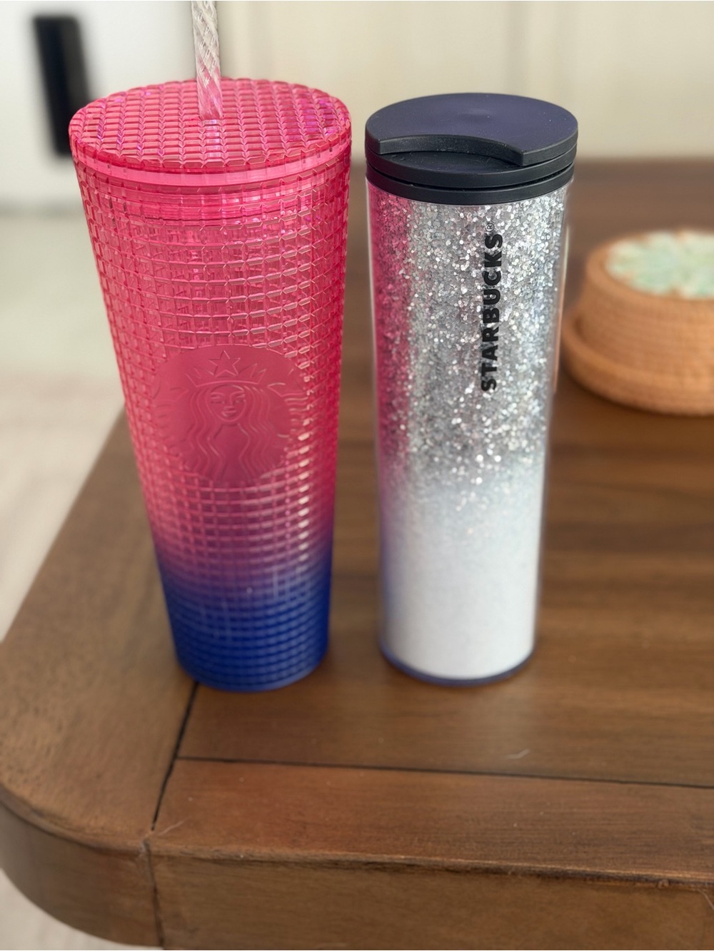 Starbucks Pink to Blue Ombre Studded Tumbler & Silver Glitter Travel Tumbler